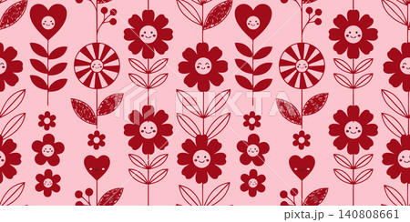 Adorable vertical seamless vector pattern with happy cartoon flowers and hearts. Sweet pink background for kids apparel, fabric and wrapping paper. Adorable vertical seamless vector pattern with happy cartoon flowers and hearts. Sweet pink background for kids apparel, fabric and wrapping paper. 140808661