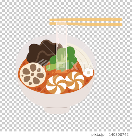 A cute, stylized illustration icon of a mala tang (spicy soup) with circus dumplings, holding up a glass of tangmyeon (noodle soup). A cute, stylized illustration icon of a mala tang (spicy soup) with circus dumplings, holding up a glass of tangmyeon (noodle soup). 140808742