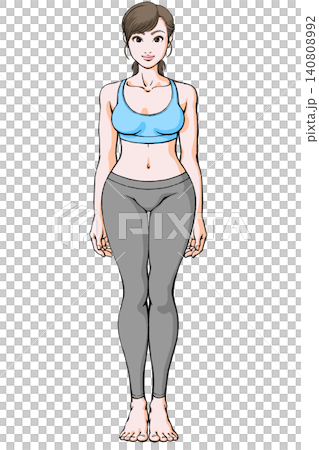 Basic standing pose - front view - young woman wearing sportswear Basic standing pose - front view - young woman wearing sportswear 140808992