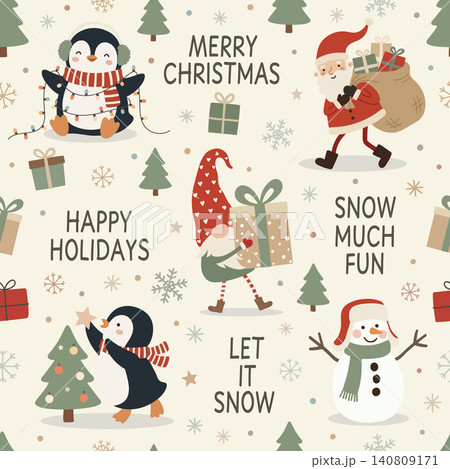 Christmas seamless pattern with penguin, Santa, gnome, snowman, gifts, trees, snowflakes, slogans, and cozy winter decor Christmas seamless pattern with penguin, Santa, gnome, snowman, gifts, trees, snowflakes, slogans, and cozy winter decor 140809171