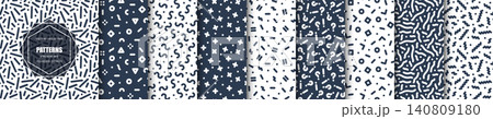 Navy blue and white seamless geometric patterns collection. Vector abstract backgrounds set in Memphis and Scandinavian style for textile, fabric print, and wrapping paper. Hand drawn design. Navy blue and white seamless geometric patterns collection. Vector abstract backgrounds set in Memphis and Scandinavian style for textile, fabric print, and wrapping paper. Hand drawn design. 140809180