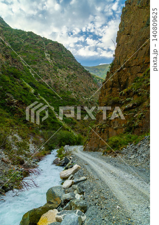 Winding Dirt Road Along Milky-Blue River in Kyrgyzstan Winding Dirt Road Along Milky-Blue River in Kyrgyzstan 140809625