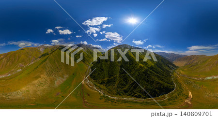360 by 180 degrees aerial panorama of Mountain Valley Landscape in Kyrgyzstan 360 by 180 degrees aerial panorama of Mountain Valley Landscape in Kyrgyzstan 140809701
