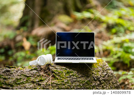 Laptop and wireless headphones placed on a tree stump in the forest Laptop and wireless headphones placed on a tree stump in the forest 140809978