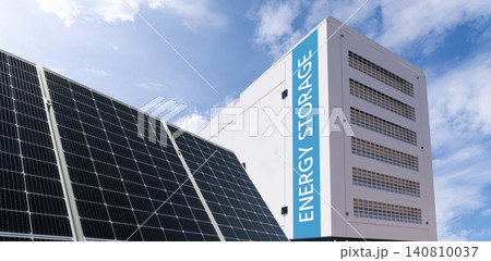 Solar panel with battery energy storage container in the background. Solar panel with battery energy storage container in the background. 140810037