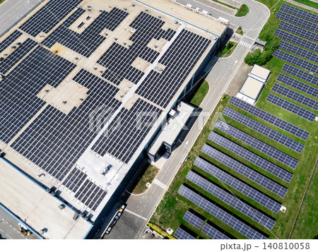 Aerial view of a modern green factory using clean solar energy. Aerial view of a modern green factory using clean solar energy. 140810058