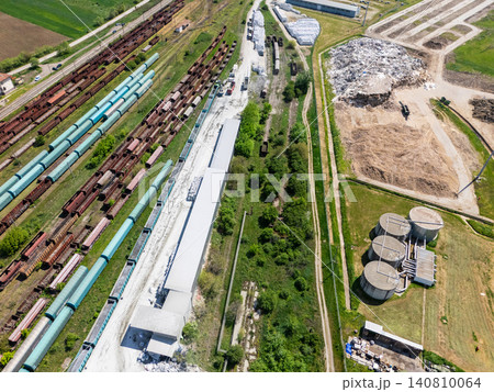 Aerial view of a railway transport hub with freight wagons. Aerial view of a railway transport hub with freight wagons. 140810064