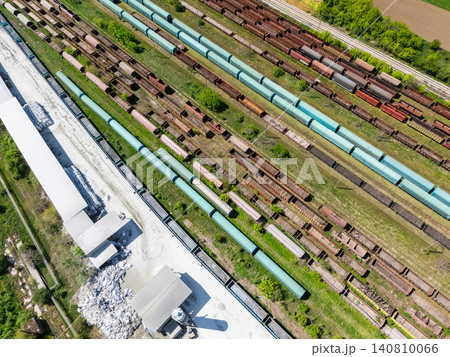 Aerial view of a railway transport hub with freight wagons. Aerial view of a railway transport hub with freight wagons. 140810066