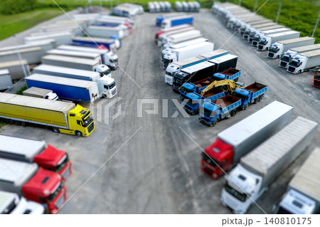 Aerial view of a large truck parking lot at a logistics hub, with multiple commercial semi trucks parked in organized rows. Aerial view of a large truck parking lot at a logistics hub, with multiple commercial semi trucks parked in organized rows. 140810175
