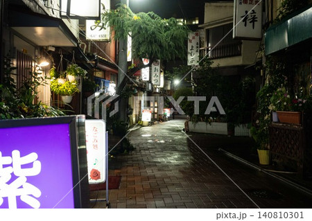 門前仲町・辰巳新道の夜・歩行者視点で捉えた紫のネオン看板ときらめく昭和レトロ路地 140810301