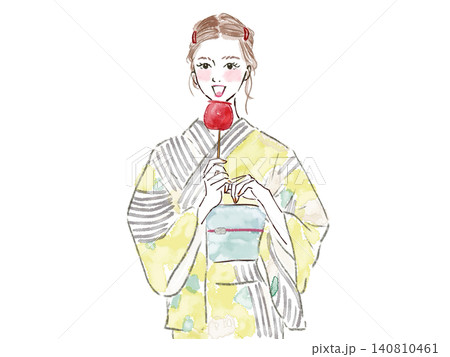 りんご飴を食べる浴衣の女性の夏 りんご飴を食べる浴衣の女性の夏 140810461