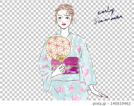 手繪插圖,描繪了一位穿著和服的女子。 手繪插圖,描繪了一位穿著和服的女子。 140810462
