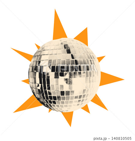 Halftone disco ball collage element. Cut out of a magazine party festive decoration sticker with yellow doodle star burst. Modern retro vector illustration isolated on transparent background 140810505