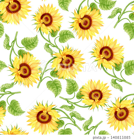 Sunflowers on a white background 6, watercolor illustration. Seamless floral pattern-239. Sunflowers on a white background 6, watercolor illustration. Seamless floral pattern-239. 140811085