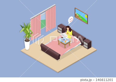 3D Isometric Flat Vector Illustration of Leisurely Breakfast , Young Woman Enjoying A Peaceful Breakfast In Bed, Sipping Coffee And Reading The Newspaper. 3D Isometric Flat Vector Illustration of Leisurely Breakfast , Young Woman Enjoying A Peaceful Breakfast In Bed, Sipping Coffee And Reading The Newspaper. 140811201