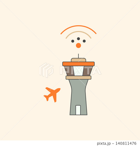 Air traffic control tower icon with airplane and radio signal symbol, airplane 140811476