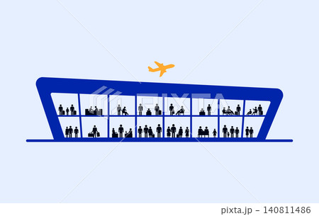 Modern airport terminal building with silhouettes of passengers and airplane Modern airport terminal building with silhouettes of passengers and airplane 140811486
