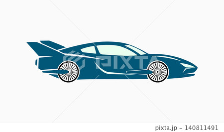 Stylized flat blue graphic icon of a modern sports car with a rear spoiler Stylized flat blue graphic icon of a modern sports car with a rear spoiler 140811491