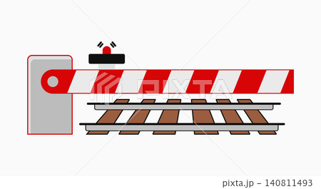 Railroad crossing barrier gate with red warning light crossing railroad Railroad crossing barrier gate with red warning light crossing railroad 140811493