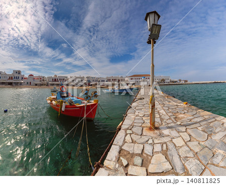 Fishing boat moored at harbor pier in Mykonos Town on Mykonos Island, Greece 140811825