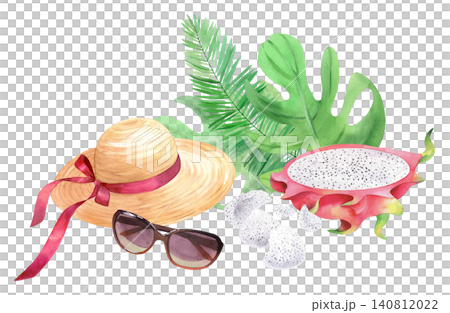 Composition of the straw hat, sunglasses, pitaya, glass, pulp, palm and monstera leaves. Watercolor illustration for design, cards, prints 140812022