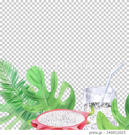 Border of the pitaya, glass with smoothie, palm and monstera leaves. Watercolor illustration for design, cards, prints Border of the pitaya, glass with smoothie, palm and monstera leaves. Watercolor illustration for design, cards, prints 140812025