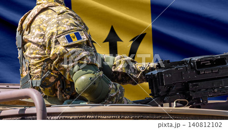 Barbados flag with soldier at machinegun turret Barbados flag with soldier at machinegun turret 140812102
