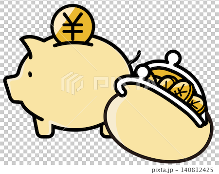 可愛的豬形存錢筒和日圓符號 140812425