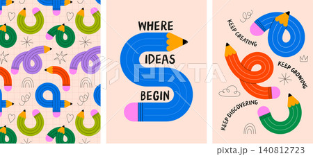 Back to school posters and seamless patterns collection with colorful twisted curved pencils doodles Back to school posters and seamless patterns collection with colorful twisted curved pencils doodles 140812723