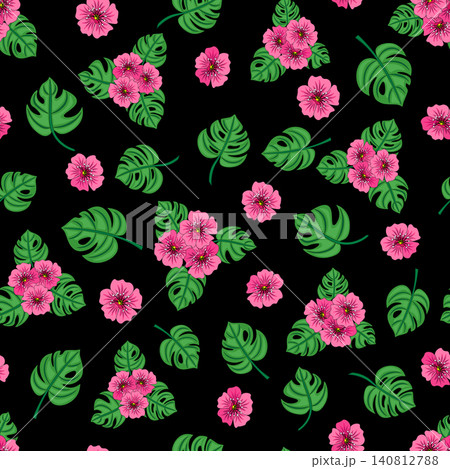 Tropical green leaves and pink flowers, black background. Seamless floral pattern-268. 140812788