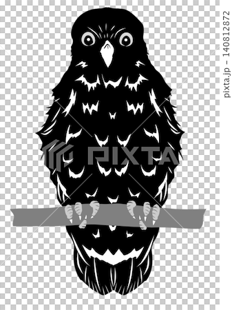 A paper-cut style silhouette illustration of a brown hawk owl perched on a tree branch. Black background, transparent. A paper-cut style silhouette illustration of a brown hawk owl perched on a tree branch. Black background, transparent. 140812872