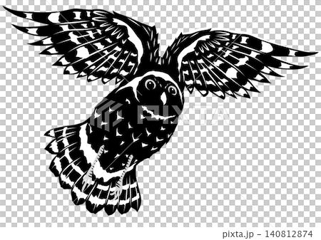 A silhouette illustration of a flying Oriental Scops Owl in a paper-cut style, black background, transparent vector. A silhouette illustration of a flying Oriental Scops Owl in a paper-cut style, black background, transparent vector. 140812874