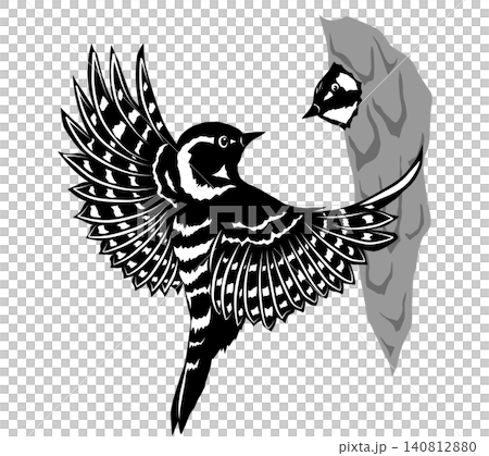 雛に給餌するこげらの切り絵風イラスト 和モダンな黒のシルエット素材 140812880