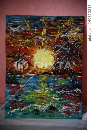 Artist Works on Abstract Oil Painting, Moving Paint Brush Energetically She Creates Modern Masterpiece. Dark Creative Studio where Large Canvas Stands on Easel Illuminated. Low Angle Artist Works on Abstract Oil Painting, Moving Paint Brush Energetically She Creates Modern Masterpiece. Dark Creative Studio where Large Canvas Stands on Easel Illuminated. Low Angle 140813218