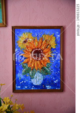 Artist Works on Abstract Oil Painting, Moving Paint Brush Energetically She Creates Modern Masterpiece. Dark Creative Studio where Large Canvas Stands on Easel Illuminated. Low 140813225