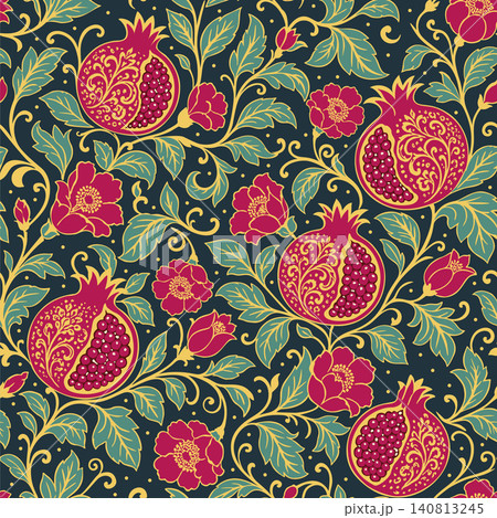 Vector seamless floral pattern with pomegranates. Leaves, plants and flowers on dark background 140813245