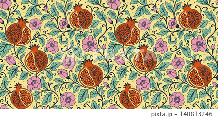 Vector seamless vibrant floral pattern with pomegranates, leaves and flowers 140813246