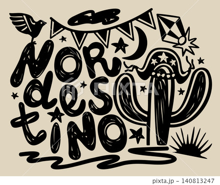 Nordestino lettering. Brazilian holiday in cordel style. Mandacaru cactus in cangaceiro hat Nordestino lettering. Brazilian holiday in cordel style. Mandacaru cactus in cangaceiro hat 140813247