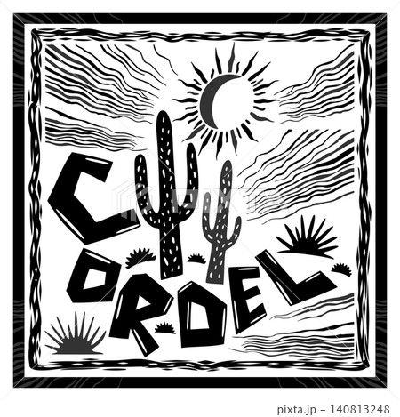Brazilian cordel style. Desert landscape elements. Mandacaru cacti, succulents, sun and wind. Woodcut style Brazilian cordel style. Desert landscape elements. Mandacaru cacti, succulents, sun and wind. Woodcut style 140813248