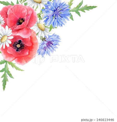 Floral corner frame with red poppies, blue cornflowers and daisies watercolor isolated illustration. Hand drawn botanical template with copy space for wedding invitations, greeting card and stationery Floral corner frame with red poppies, blue cornflowers and daisies watercolor isolated illustration. Hand drawn botanical template with copy space for wedding invitations, greeting card and stationery 140813446