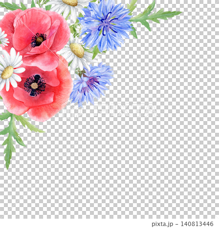 Floral corner frame with red poppies, blue cornflowers and daisies watercolor isolated illustration. Hand drawn botanical template with copy space for wedding invitations, greeting card and stationery Floral corner frame with red poppies, blue cornflowers and daisies watercolor isolated illustration. Hand drawn botanical template with copy space for wedding invitations, greeting card and stationery 140813446