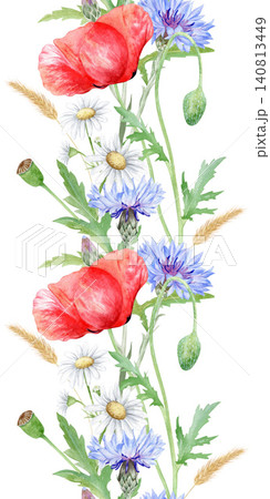 Watercolor seamless floral border with red poppies, blue cornflowers, chamomile and wheat ears. Hand drawn botanical design on white background for wedding stationery and textile decoration. Watercolor seamless floral border with red poppies, blue cornflowers, chamomile and wheat ears. Hand drawn botanical design on white background for wedding stationery and textile decoration. 140813449