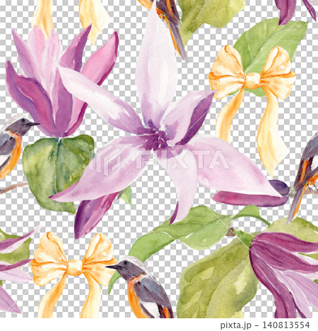 Watercolor seamless pattern of purple magnolia flowers, songbirds and golden ribbon bows on white background. Hand painted botanical repeat for fabric, wallpaper, textile, wrapping paper and decor Watercolor seamless pattern of purple magnolia flowers, songbirds and golden ribbon bows on white background. Hand painted botanical repeat for fabric, wallpaper, textile, wrapping paper and decor 140813554