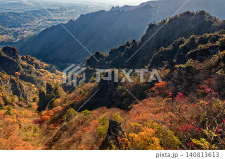 裏妙義・丁頭ノ頭から見る紅葉の山肌と妙義湖・松井田の街並み 裏妙義・丁頭ノ頭から見る紅葉の山肌と妙義湖・松井田の街並み 140813613