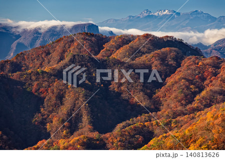 裏妙義から見る紅葉の山並みと荒船山・新雪の八ケ岳連峰 裏妙義から見る紅葉の山並みと荒船山・新雪の八ケ岳連峰 140813626