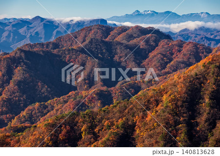 裏妙義から見る紅葉の山並みと荒船山・新雪の八ケ岳連峰 140813628