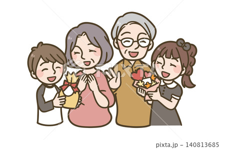 敬老の日にプレゼントを贈って喜ぶ祖父母と孫の家族イラスト 140813685