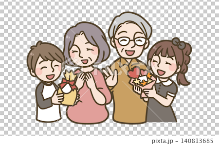 敬老の日にプレゼントを贈って喜ぶ祖父母と孫の家族イラスト 140813685