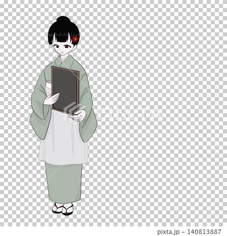 一位穿著和服的女士正在介紹菜單；日式咖啡館的圖片。 140813887