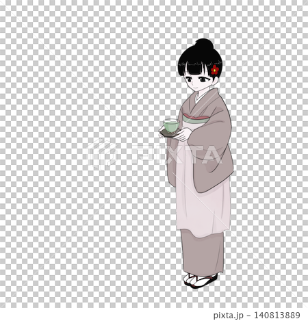 身穿和服的女子端上冷茶-夏日好客的景象。 身穿和服的女子端上冷茶-夏日好客的景象。 140813889